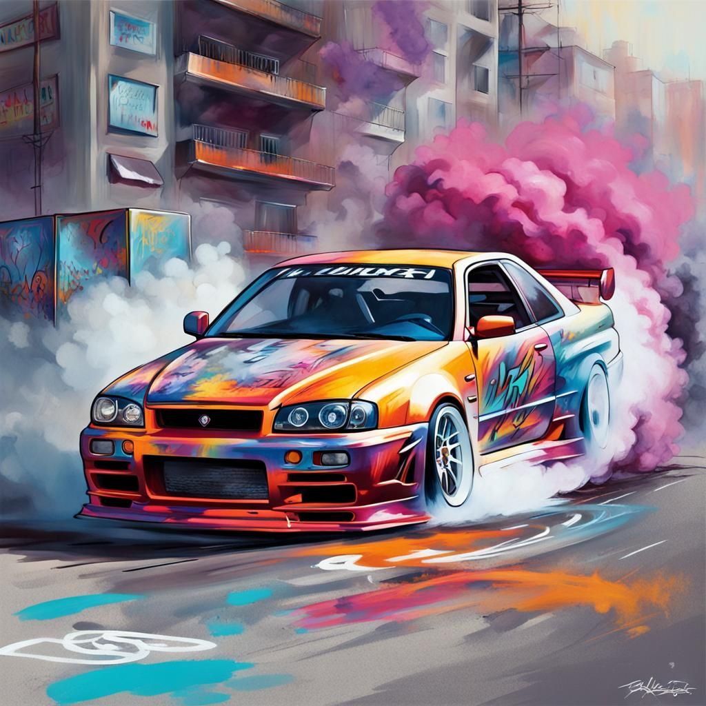Nissan Skyline R-34 Drifting: Graffiti Splash Art
