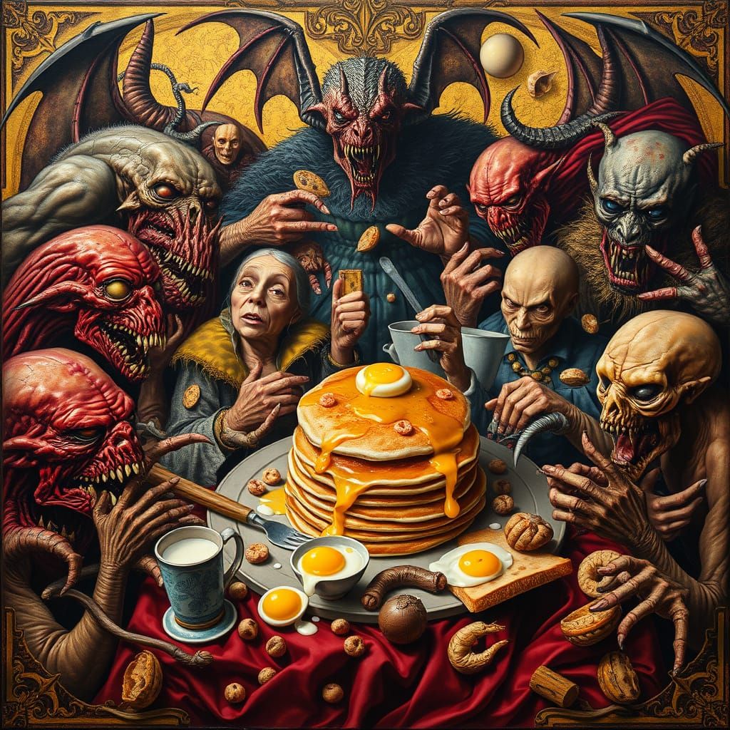 Grotesque Breakfast Scene in Surrealist Fresco Style