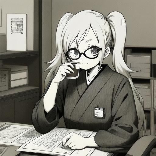 Mature Woman with Coffee: Hand-Drawn Anime Style