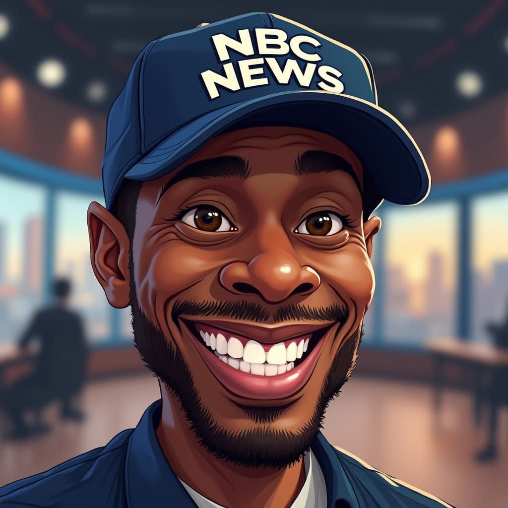 Caricature of Black Man Wearing NBC News Cap in TV Studio