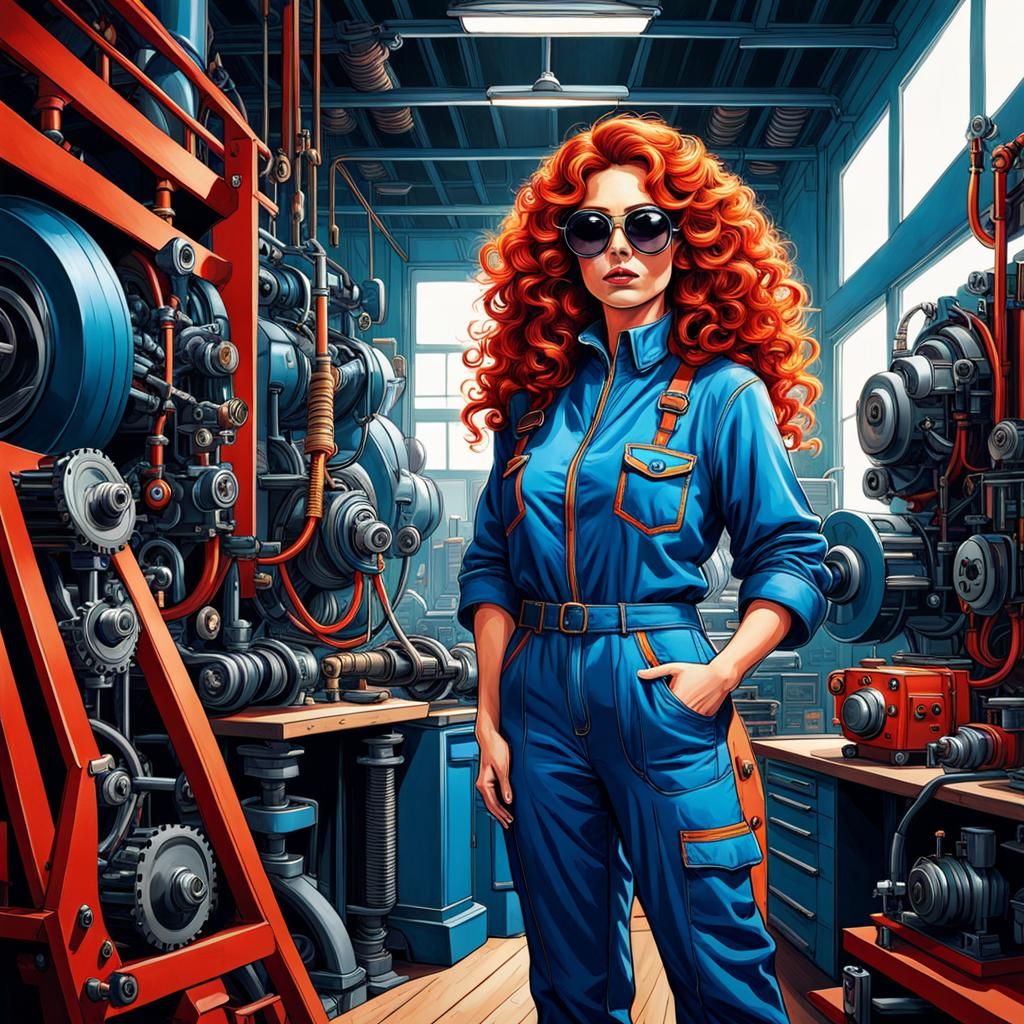 Woman Mechanic in Workshop as Digital Art