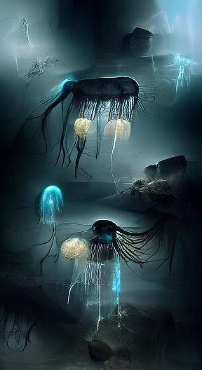 Ethereal Bioluminescent Jellyfish Ghost in Dark Trench