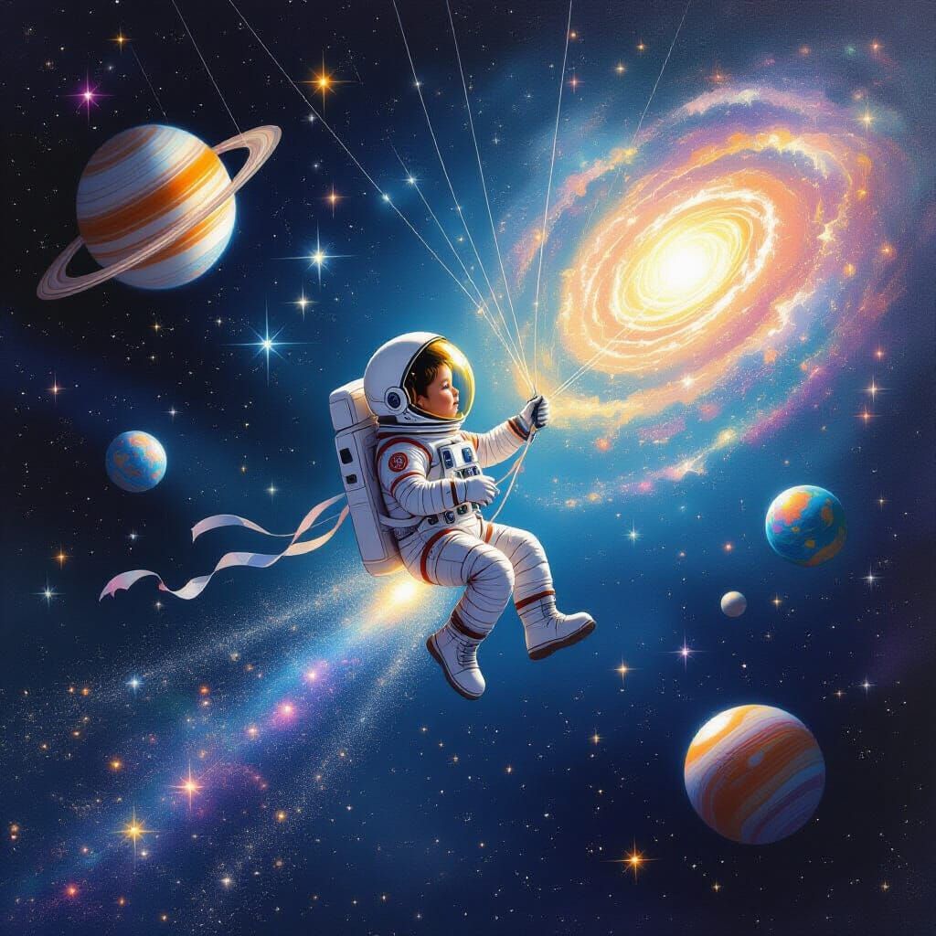 Child Drifting in Cosmic Nebula with Glowing Constellation