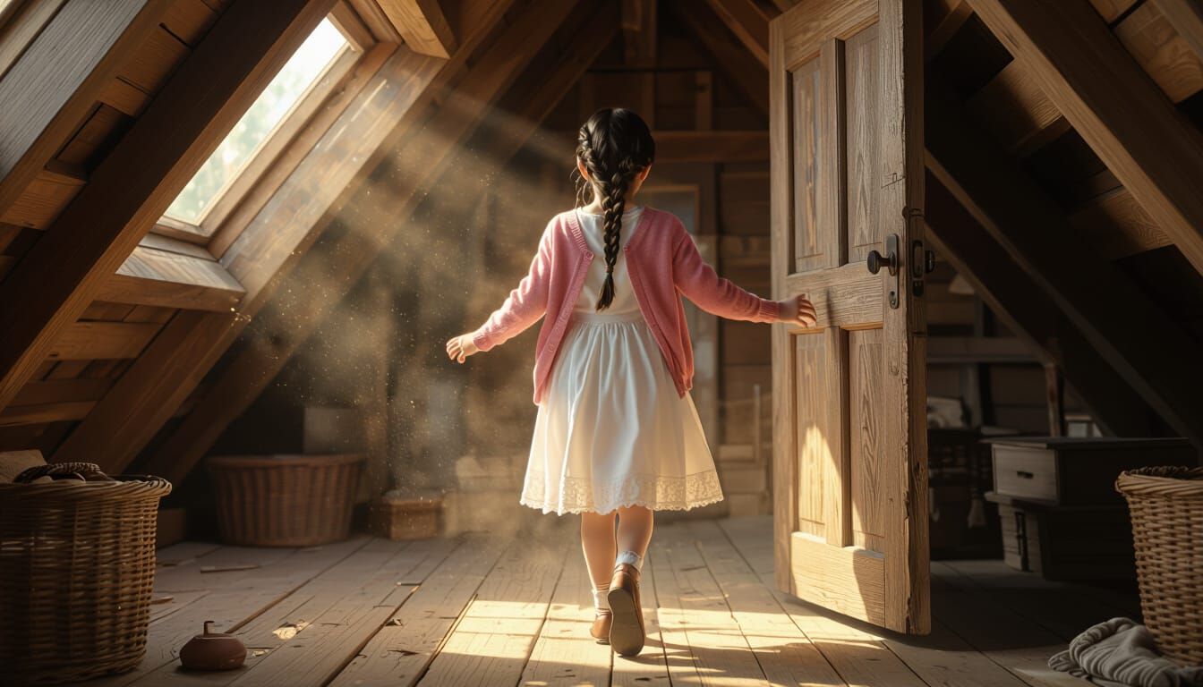 Girl Opens Attic Door in Sunlight, Kinkade Style