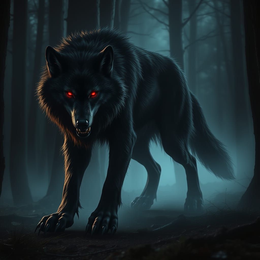 Menacing Werewolf Emerges from Dark Forest Fog