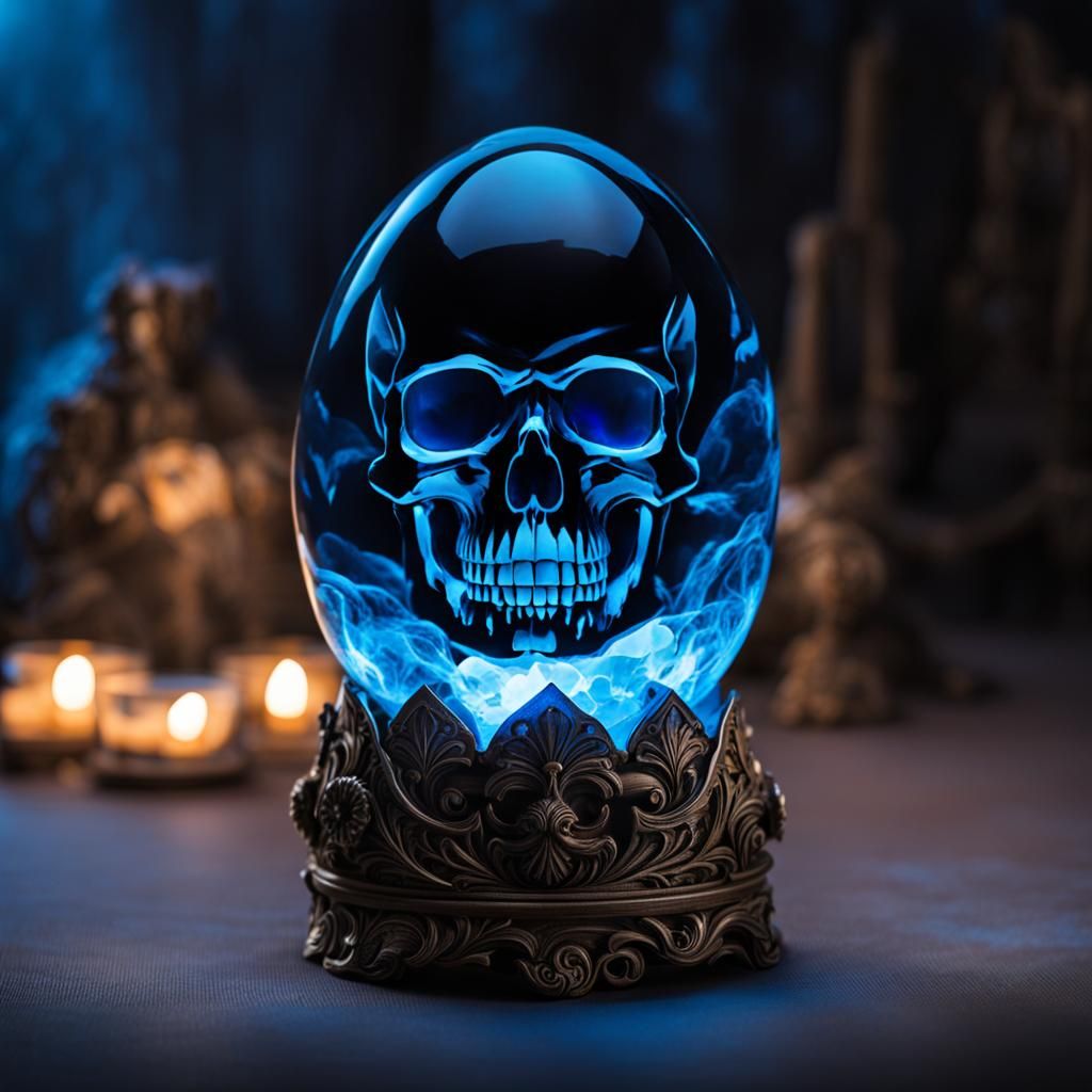 Crystal Egg with Glowing Blue Skull