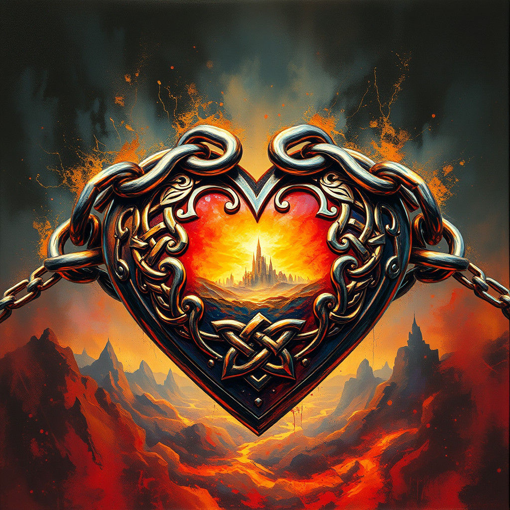 Chained Heart with Celtic Motifs in Impasto Style