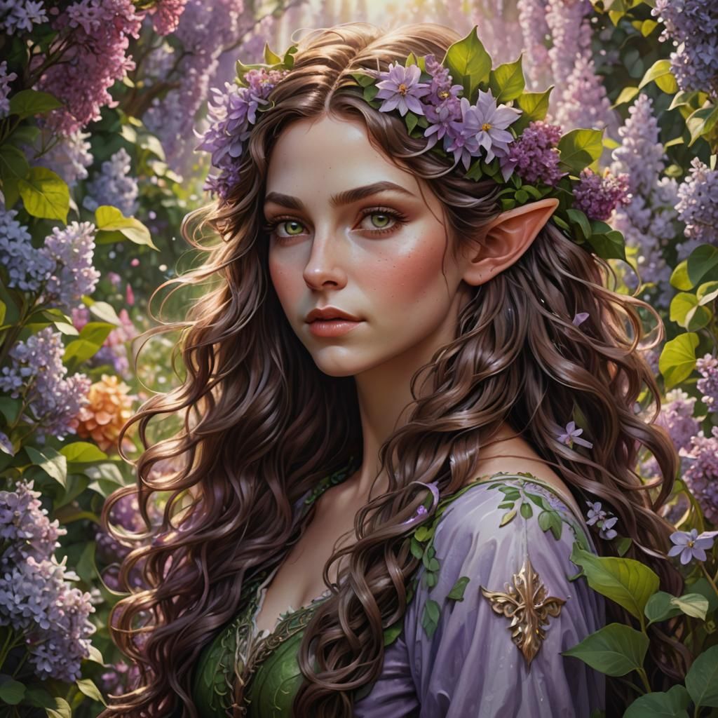 Elf Woman in Flower Garden: Hyperrealistic Digital Art