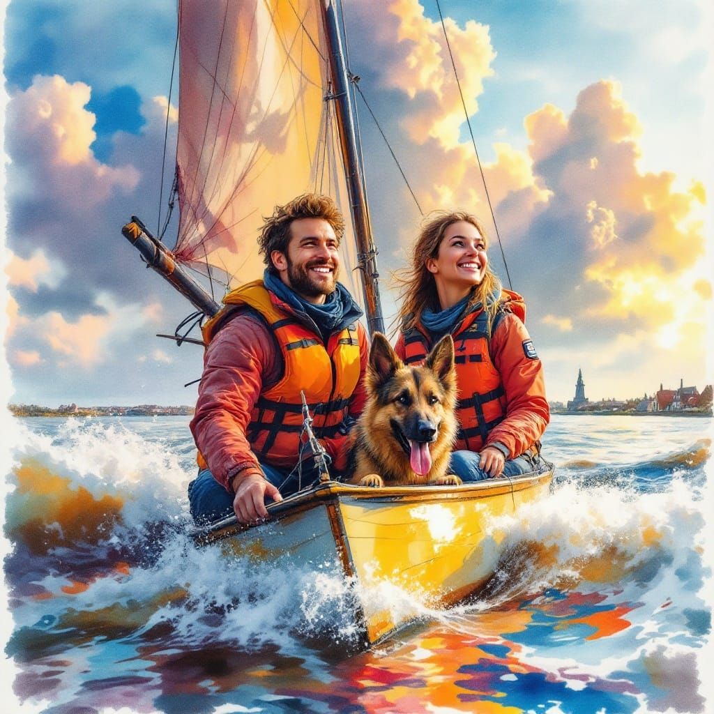 Vibrant Watercolor of a Surrealist Sailing Scene with a Trad...