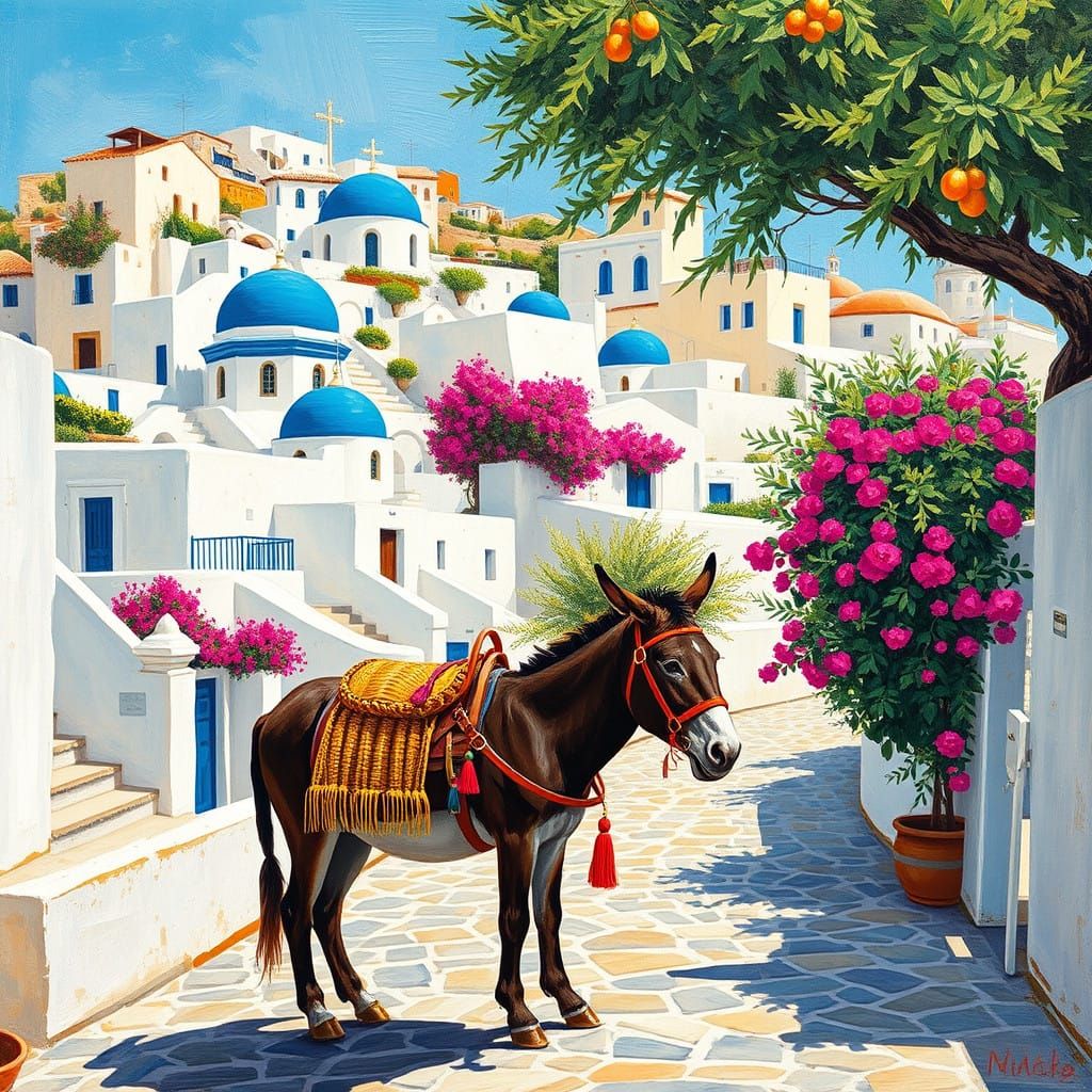 Greek Village with Donkey Amidst Whimsical Architecture