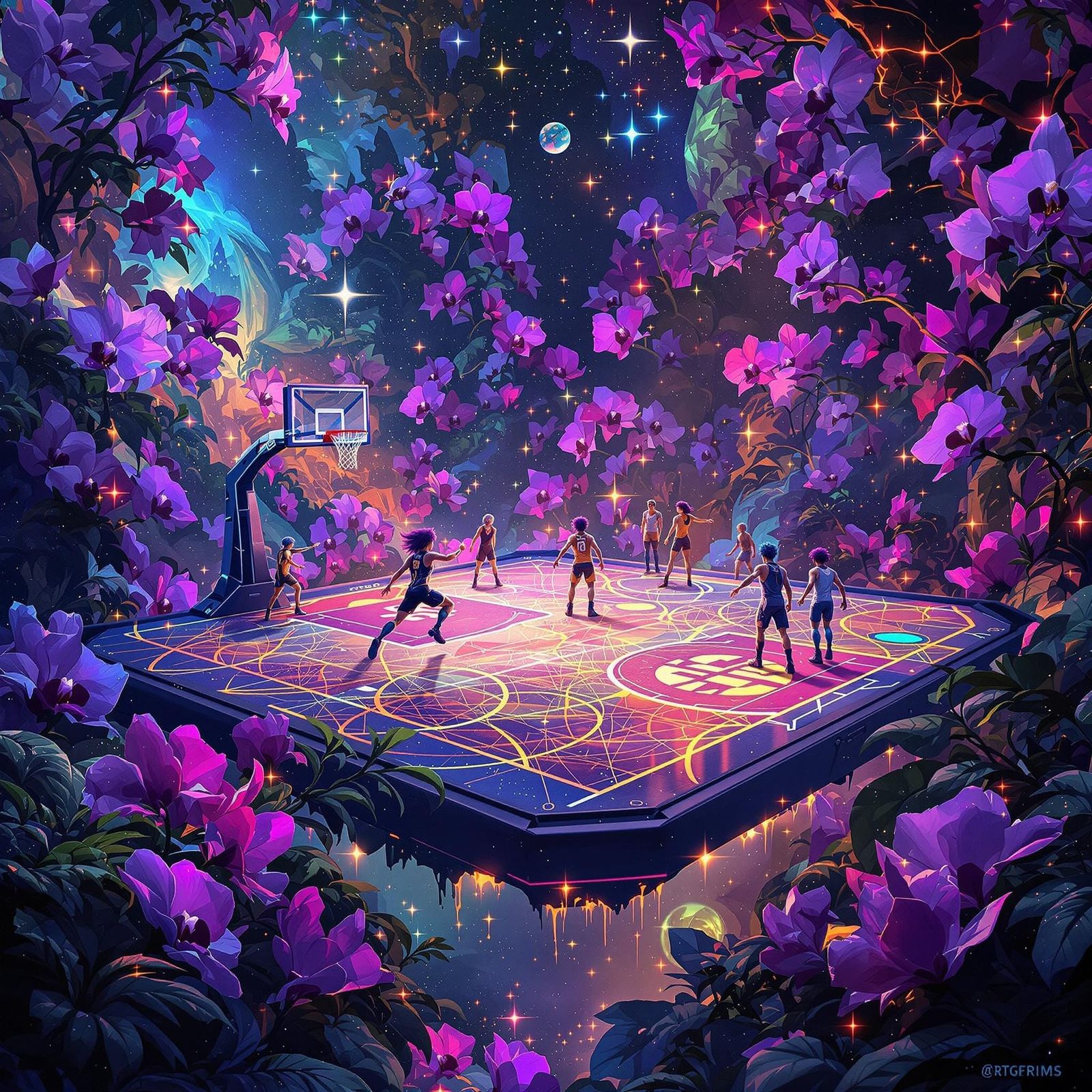 Futuristic Basketball in Cosmic Orchid Garden