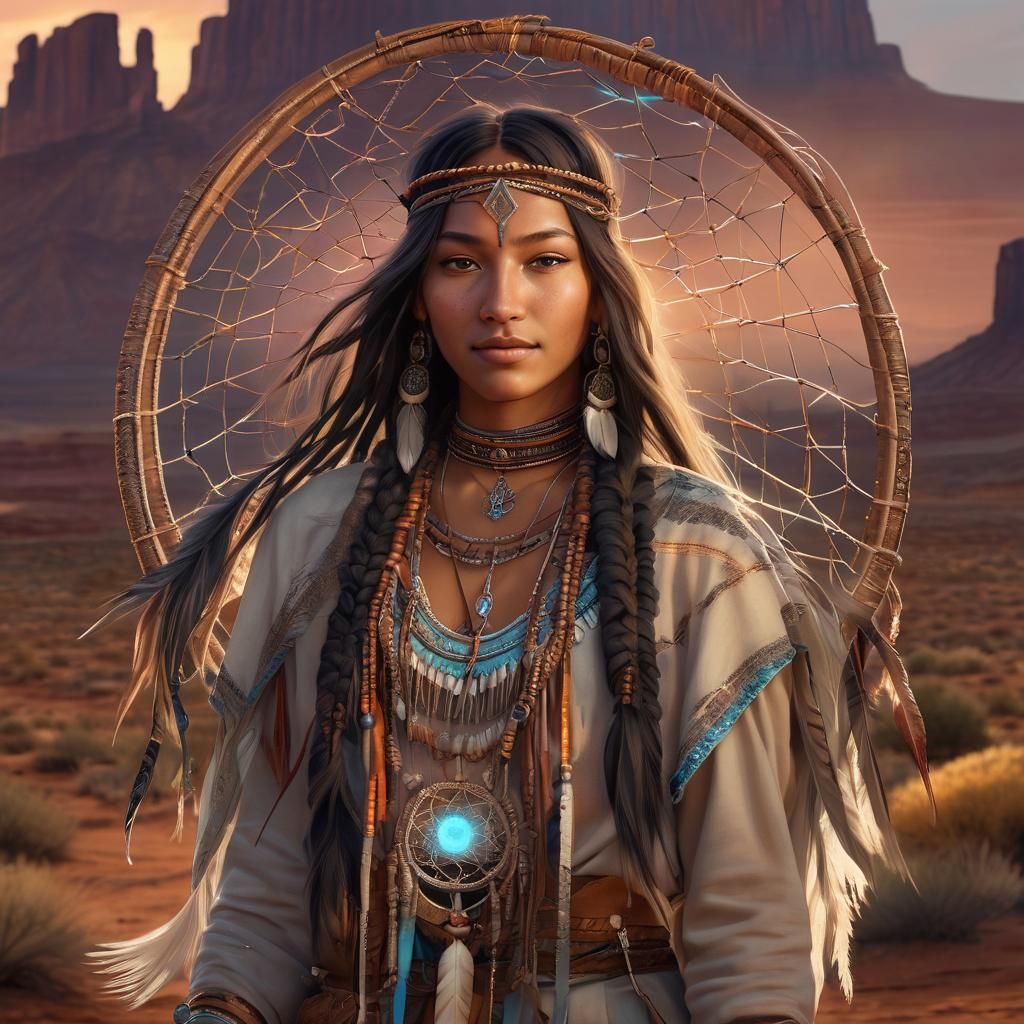 Jolie jeune femme indienne apache, souriante,  avec des tres...
