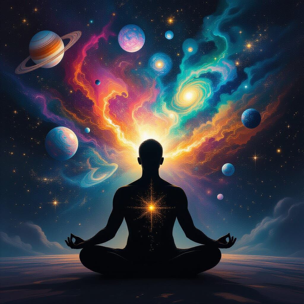 Meditating Silhouette Blooms Cosmic Universe Within