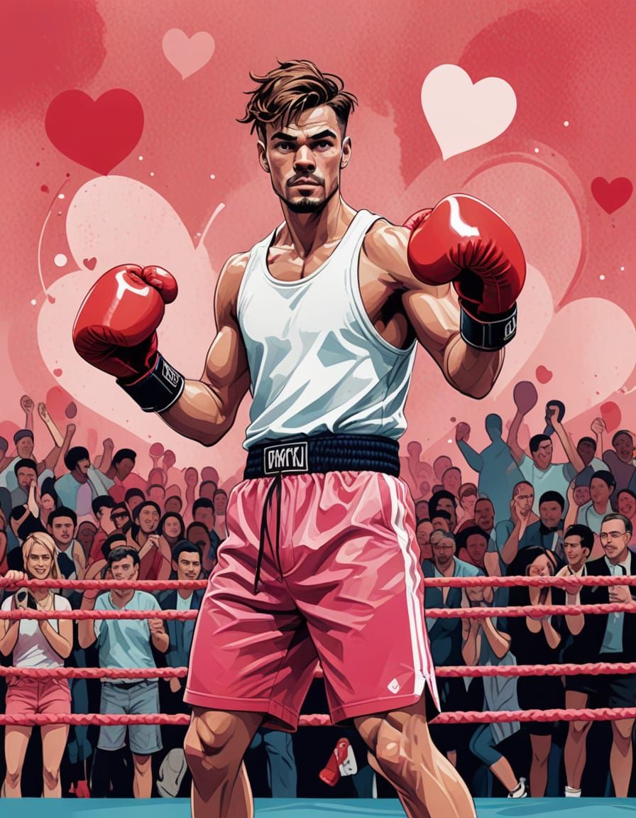 Confident Boxer in Vibrant Valentine Shorts and Heart-Shaped...