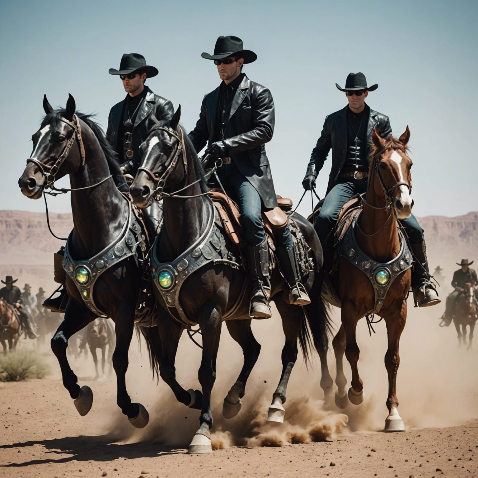 matrix style cowboys riding robot horses