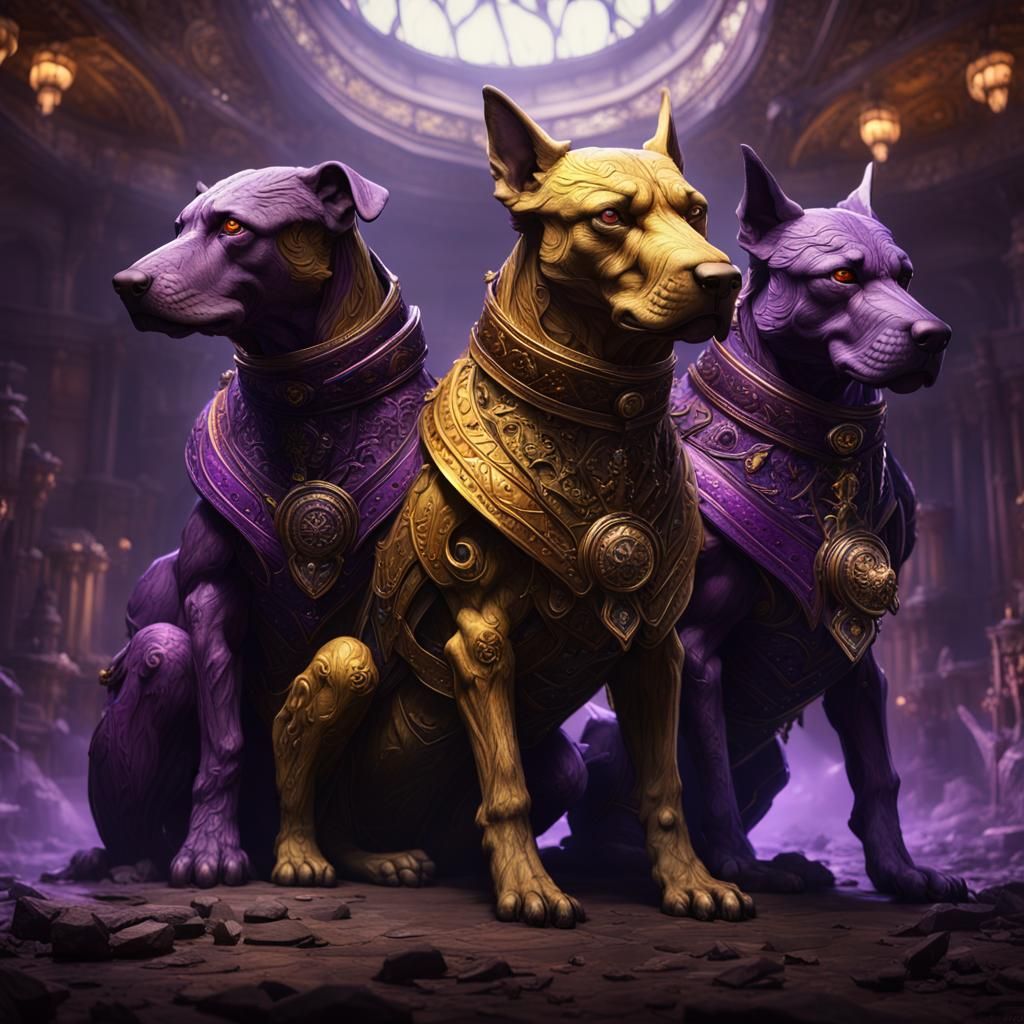 Three-Headed Dog in Dark Fantasy Style