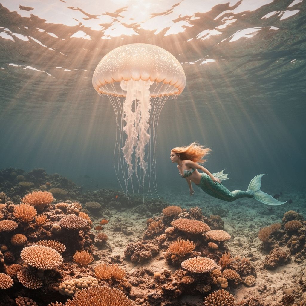 Mermaid and Jellyfish in Dreamlike Ocean