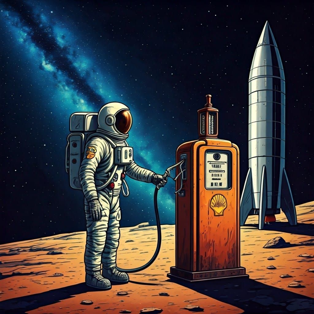 Astronaut Refuels Rocket with Vintage Gas Pump