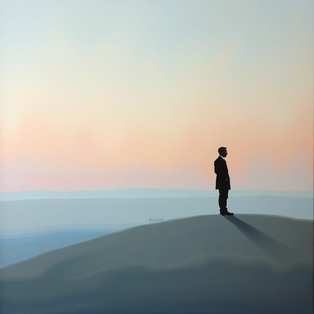 Solitary Figure in Dreamlike Landscape as Oil Painting