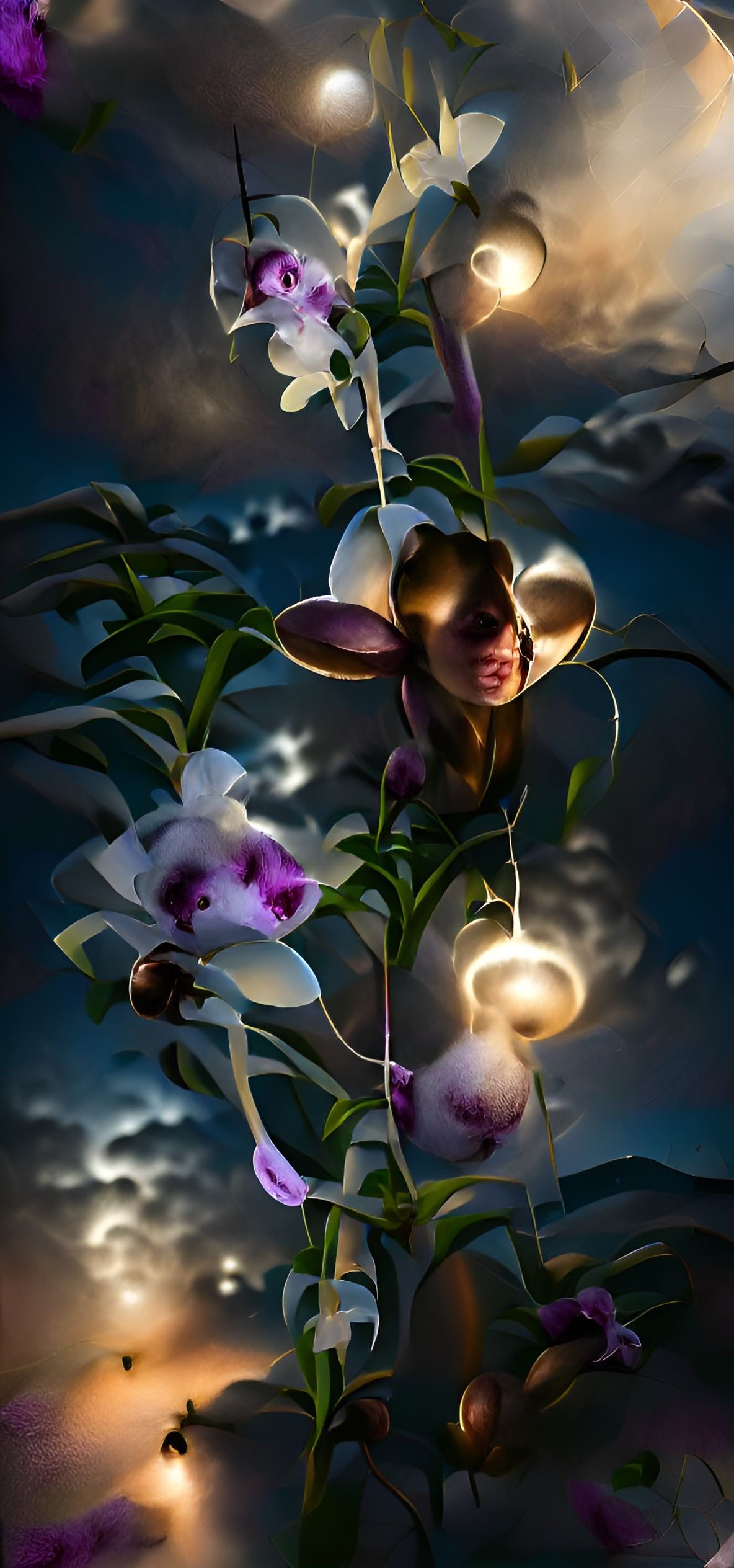 An portrait of an orchid blooming in the moonlight with moon...