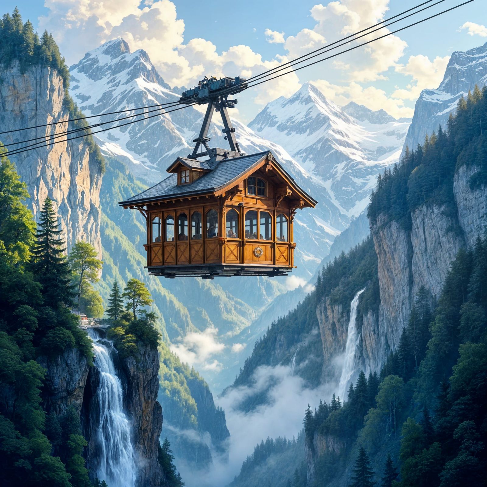 Whimsical Chalet Cable Car Above Swiss Alps Waterfalls