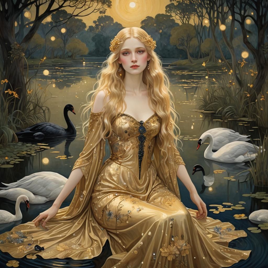 Golden Art Nouveau Girl by Mystical Pond