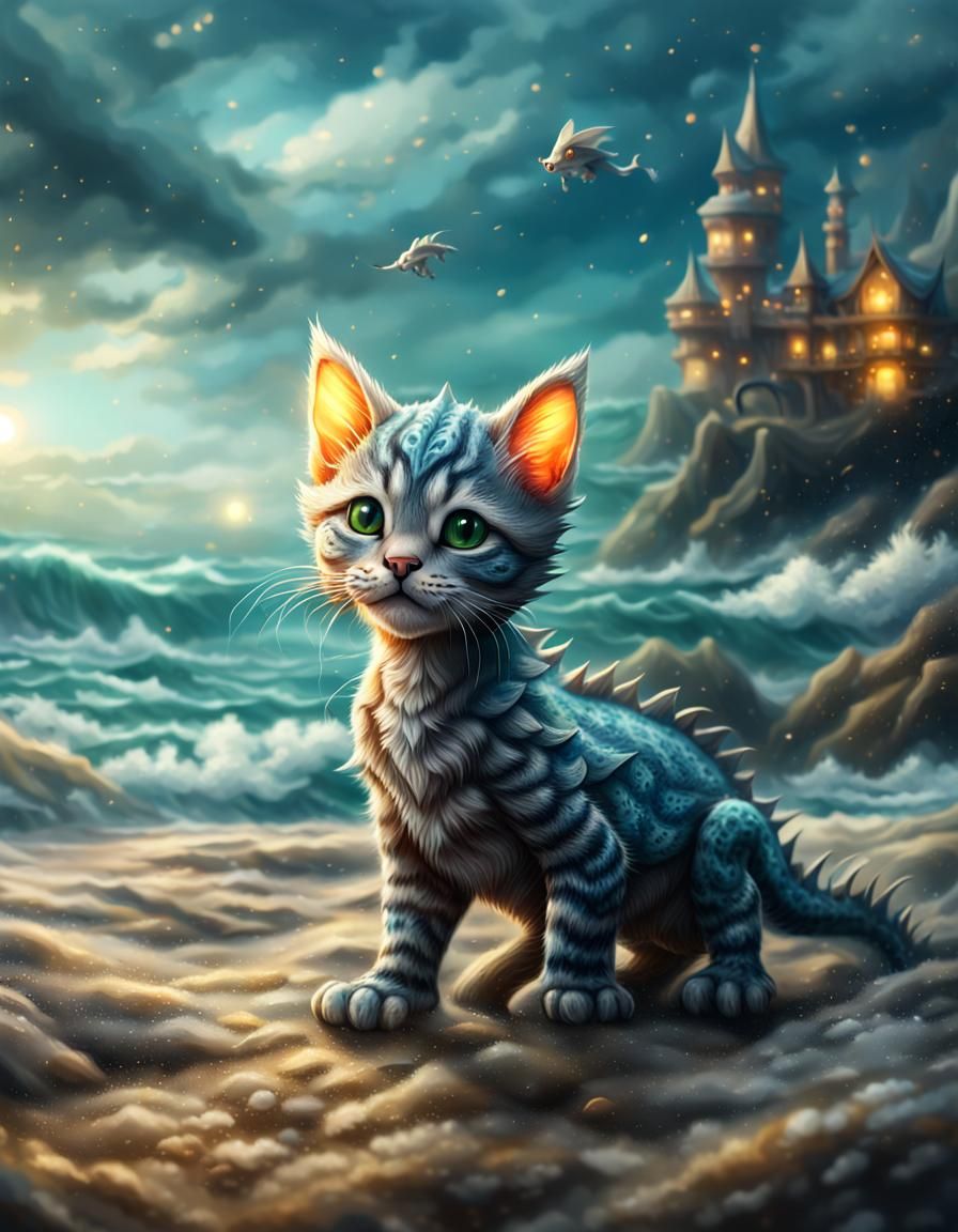 Cute Kitten and Dragon Seascape in Hyperrealism