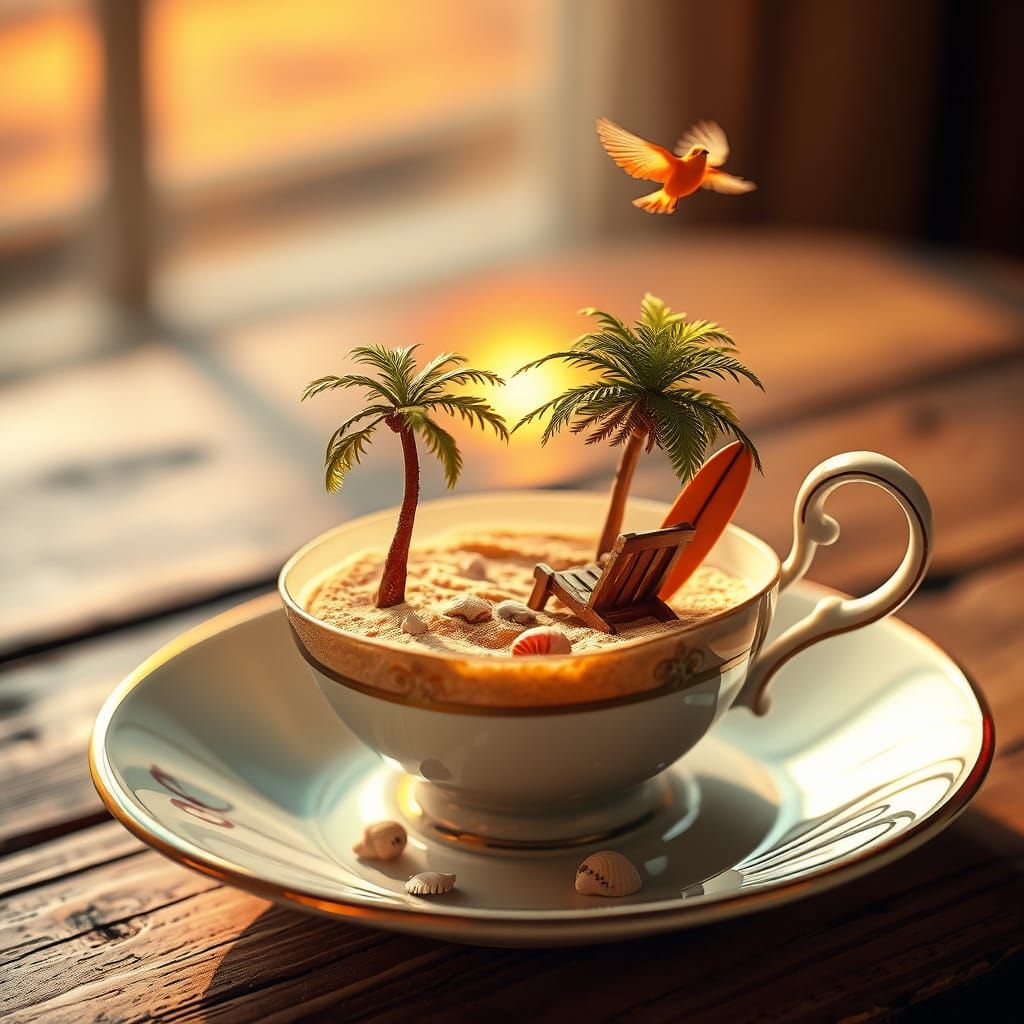 Surreal Teacup Beach Scene in Whimsical Digital Art