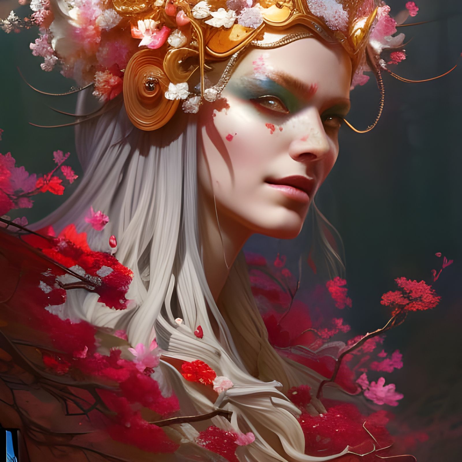 Woman in Cherry Blossom Dress, Digital Art Portrait