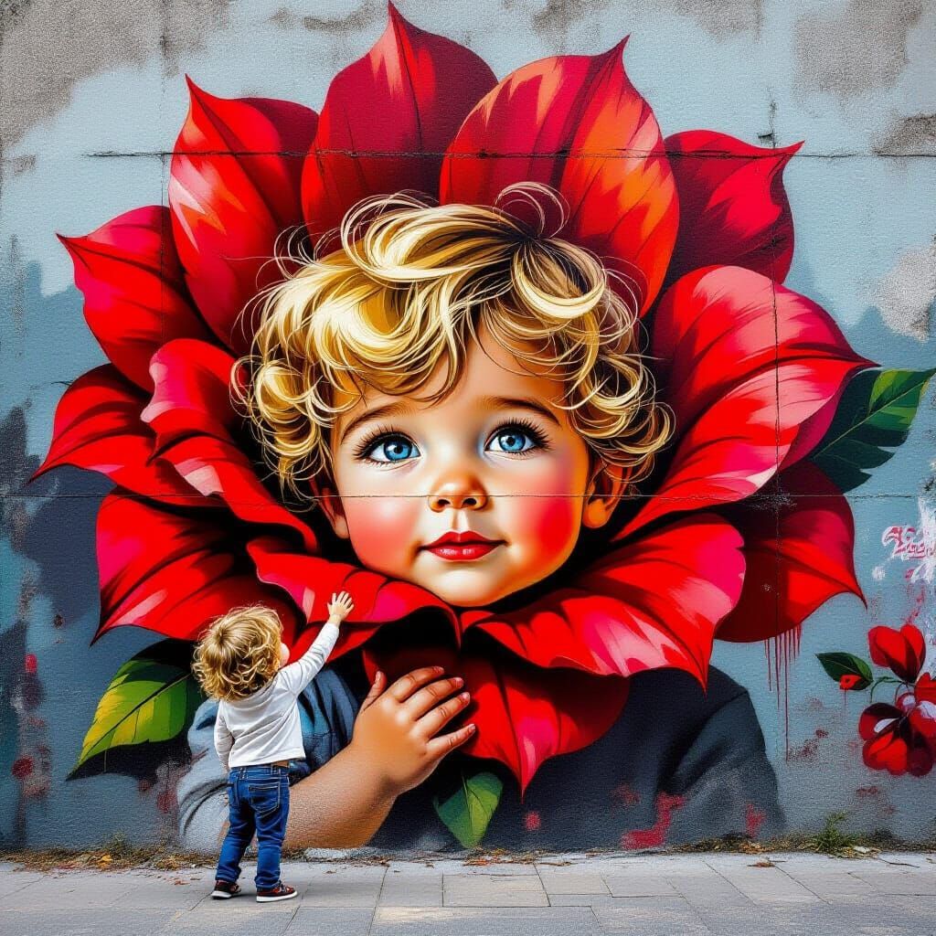Street Art of Boy Climbing Giant Flower