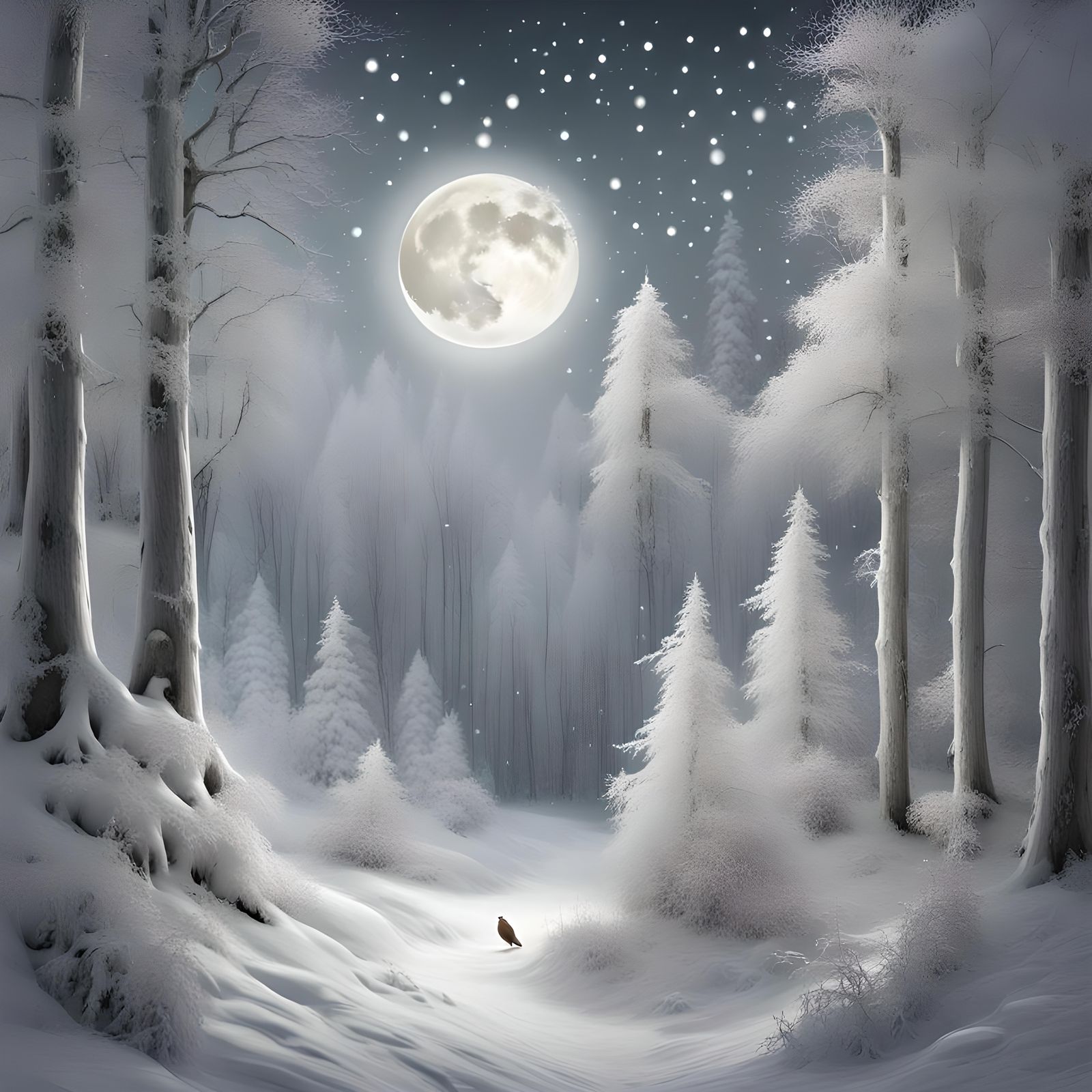 Winter Forest with Silver Moon and Fairies