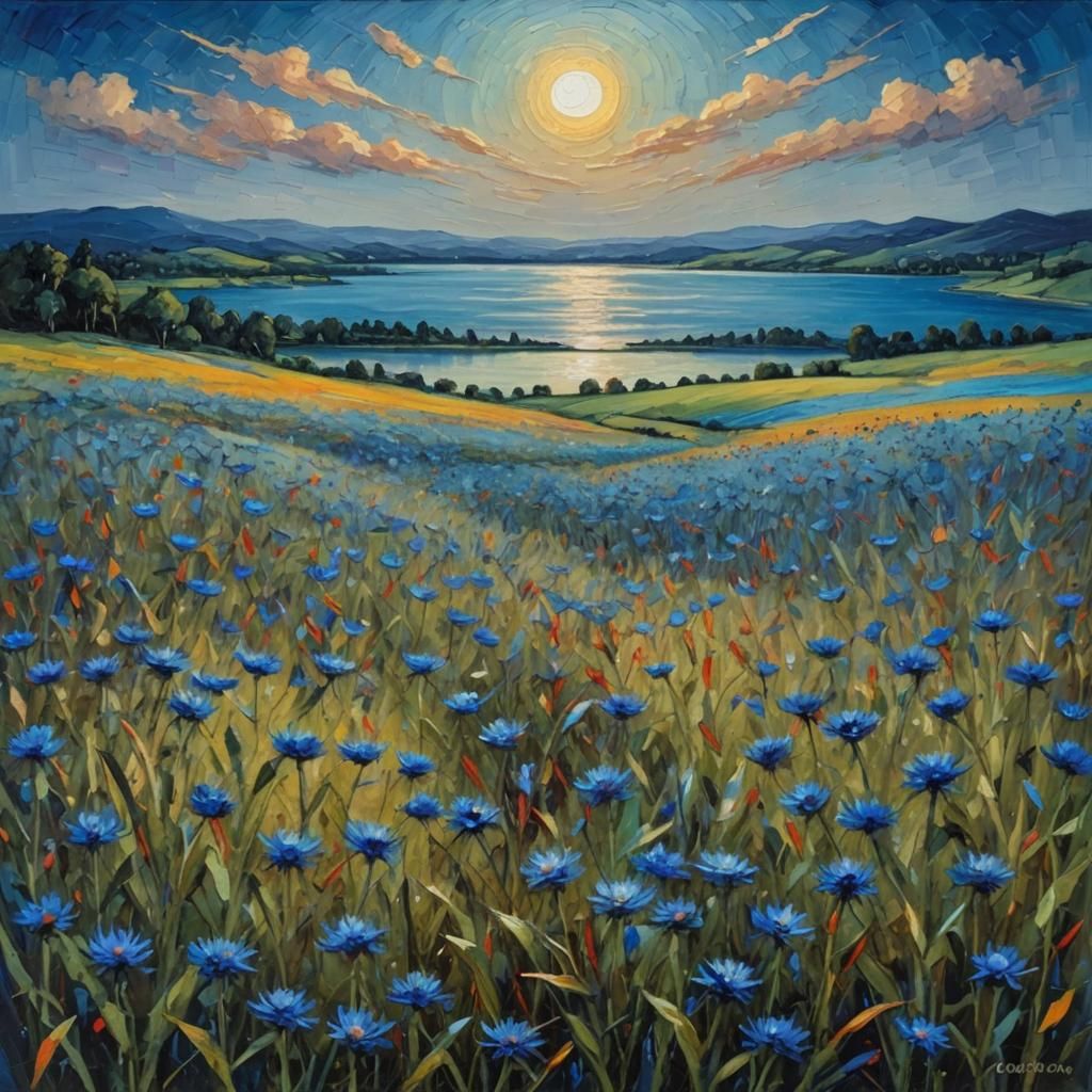 Expressionist Cornflower Field Oil Painting with Impasto Tex...