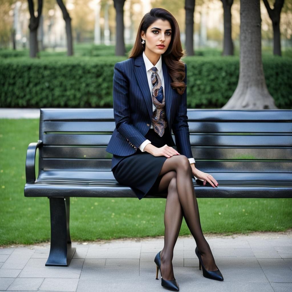 Elegant Preppy Woman in Business Attire on a Bench