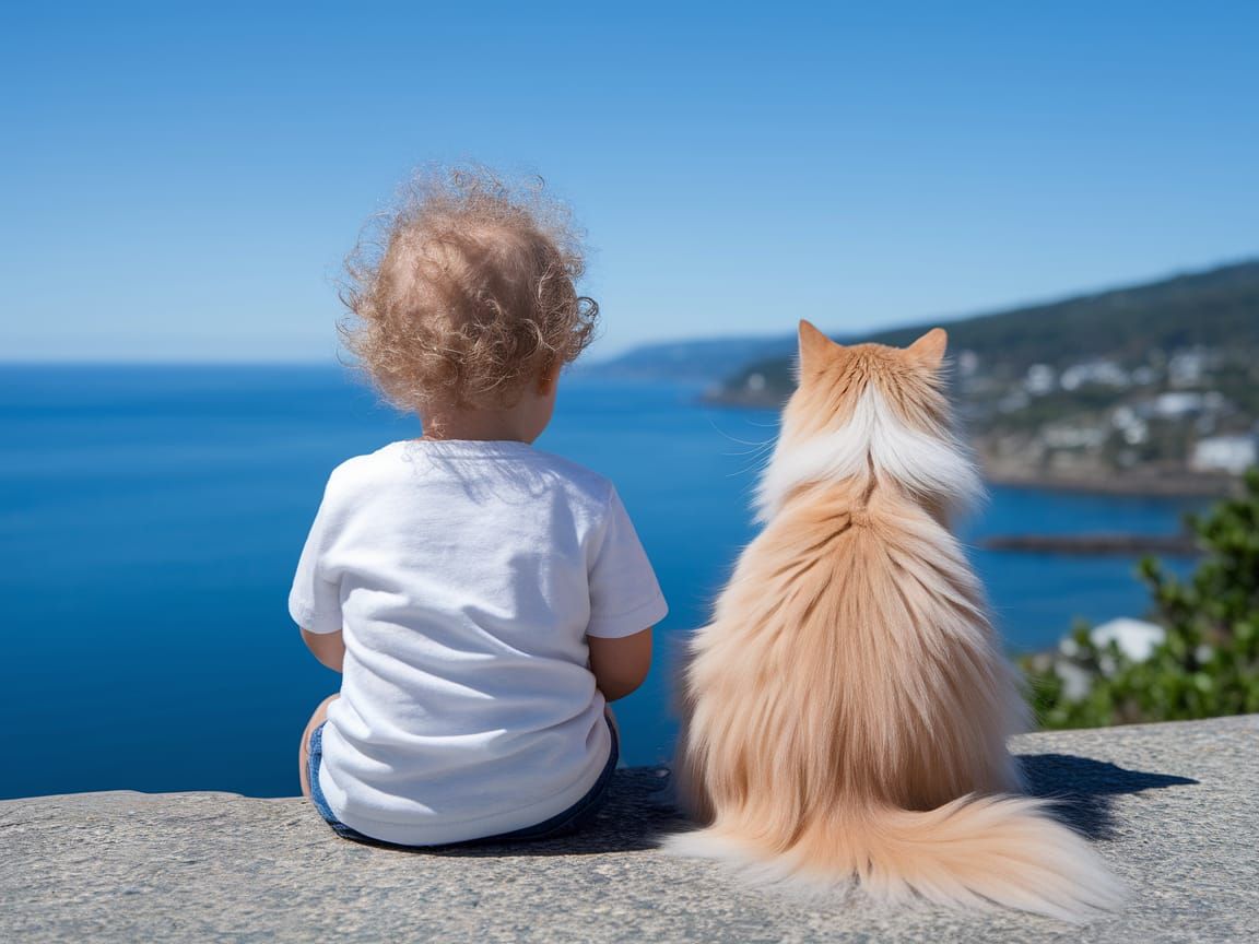 Toddler and Cat Share Serene Ocean View