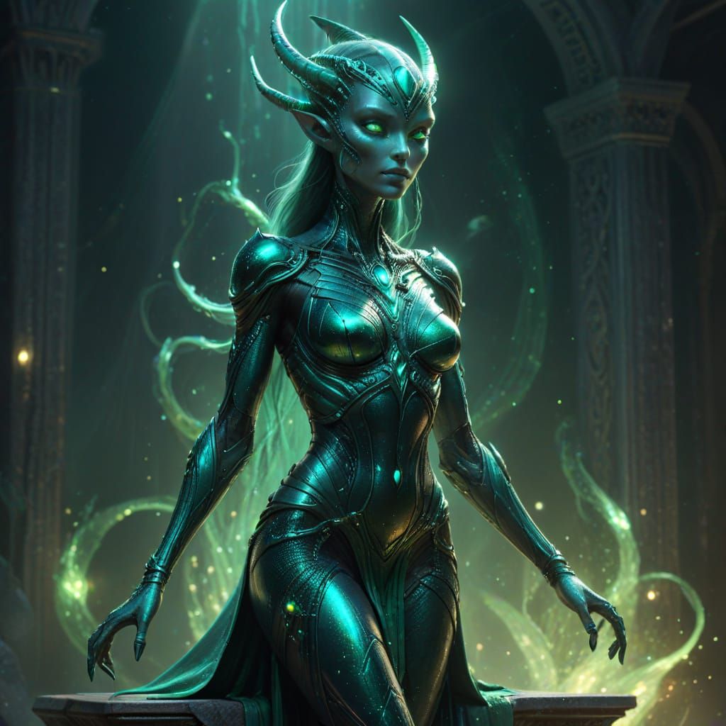 Elegant Alien Queen on Pedestal in Digital Art