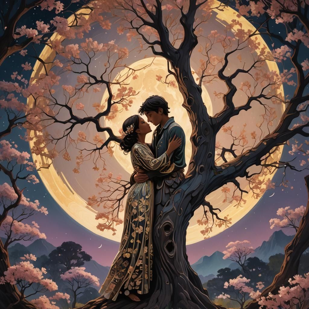 Embrace Under Acacia Tree in Moonlight, Fantasy Art