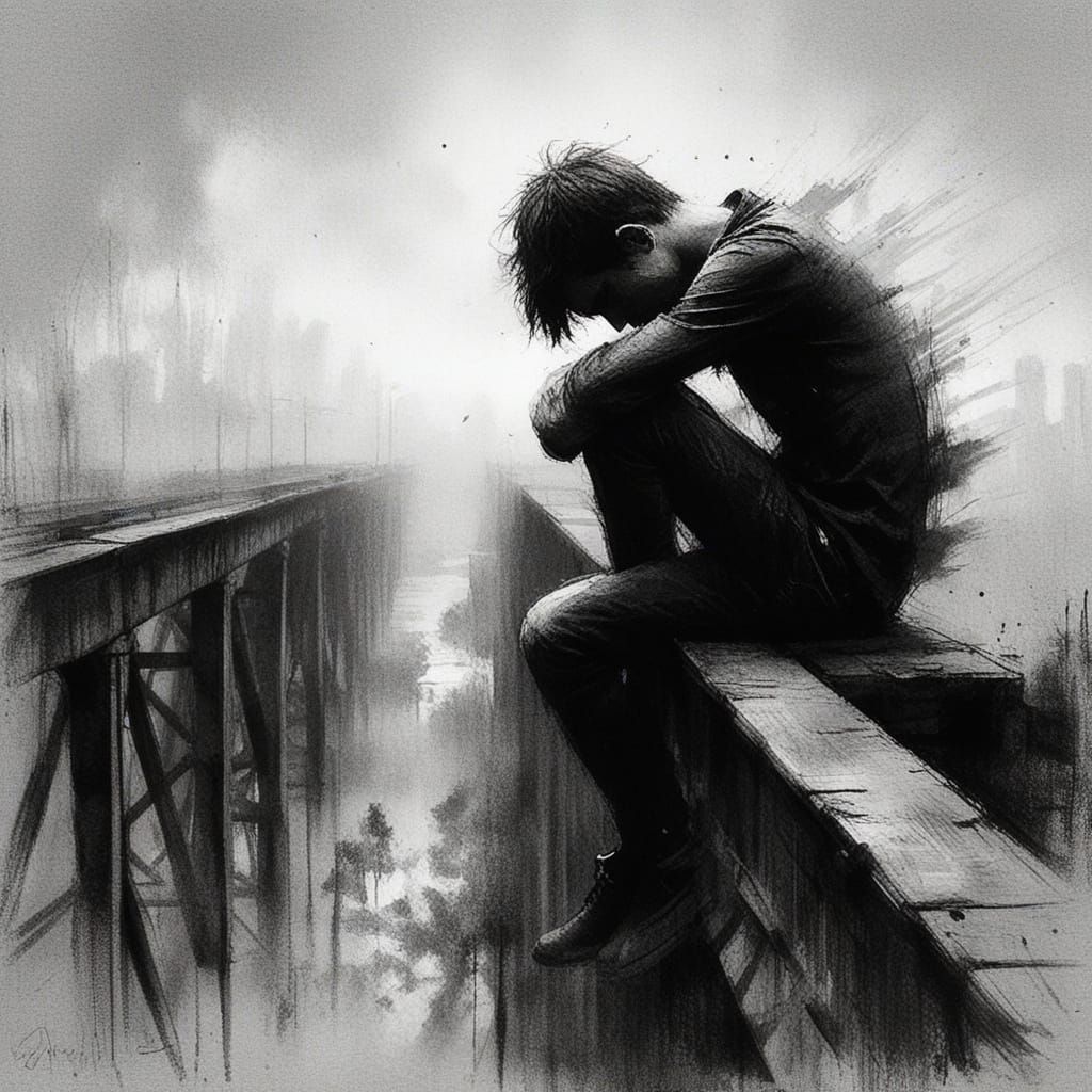 Melancholic Charcoal Sketch of Man on Bridge
