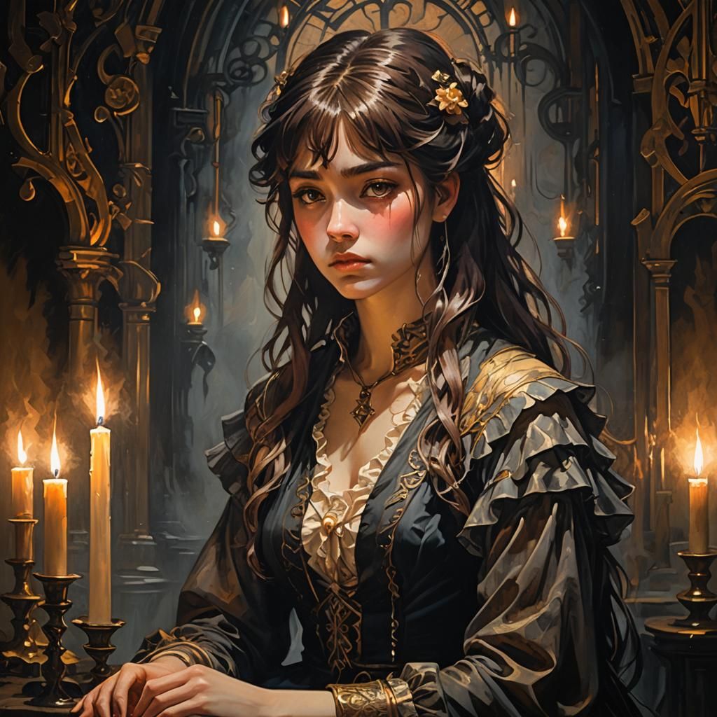 Frowning Anime Girl Portrait in Art Nouveau Style