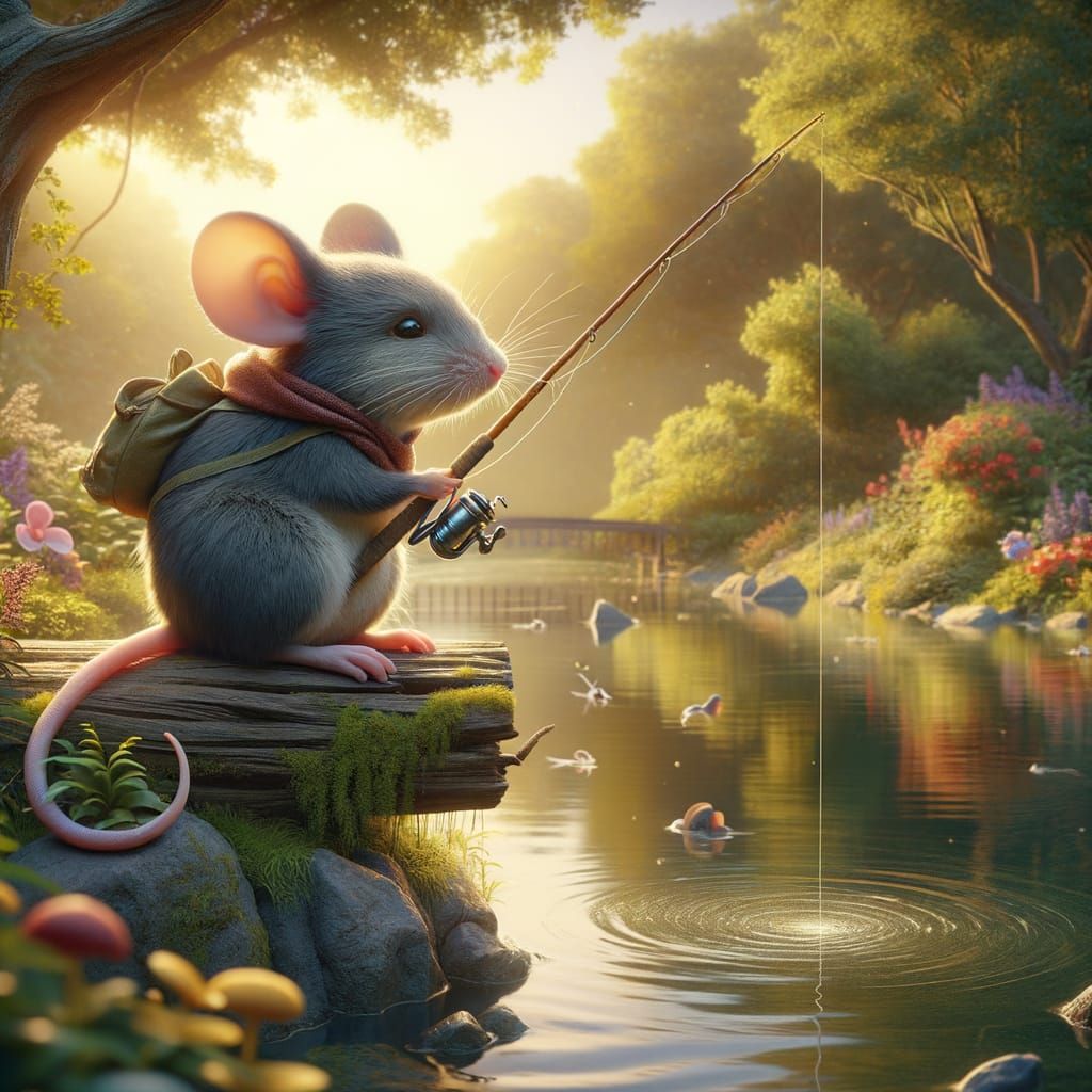 Whimsical Mouse on the Pond in a Vibrant Garden