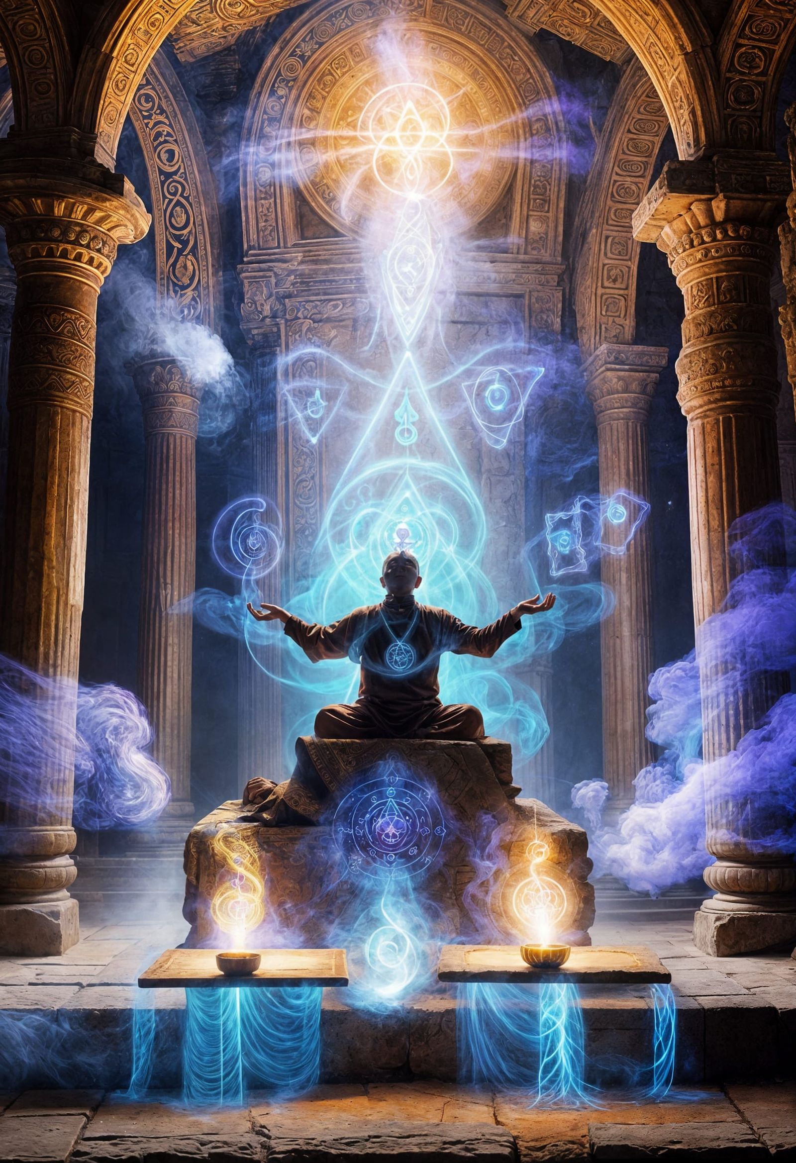 Mystical Temple Priest Meditating with Chakra Symbols