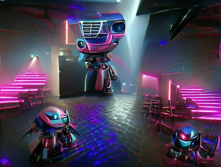 Robots in Nightclub: Hyperreal Synthwave Scene
