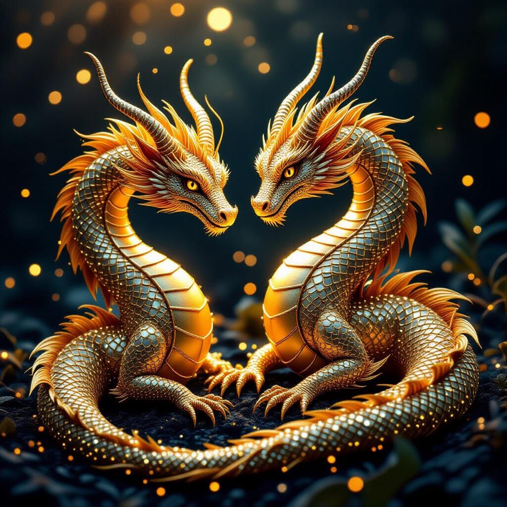 Golden Thread Dragons in Ethereal Surreal Style