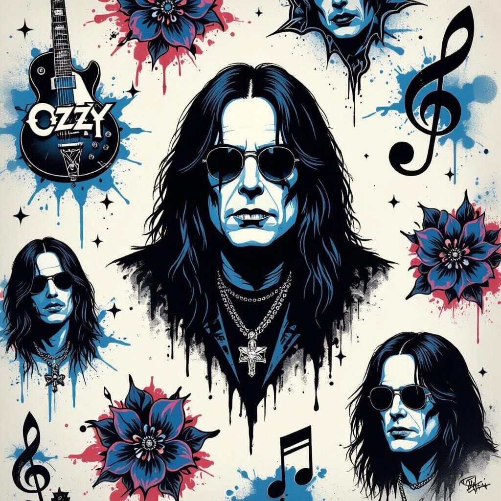 Ozzy Osbourne Tribute Tattoo Sheet in Minimalist Style