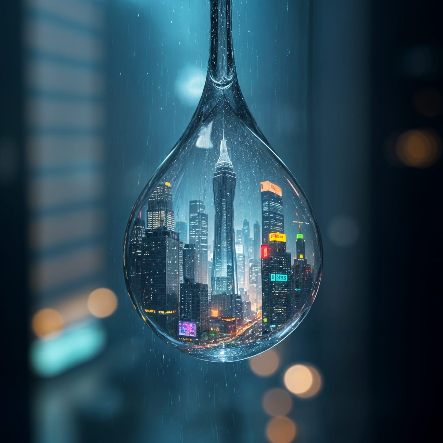 Cyberpunk Metropolis Inside a Raindrop: Macro HDR