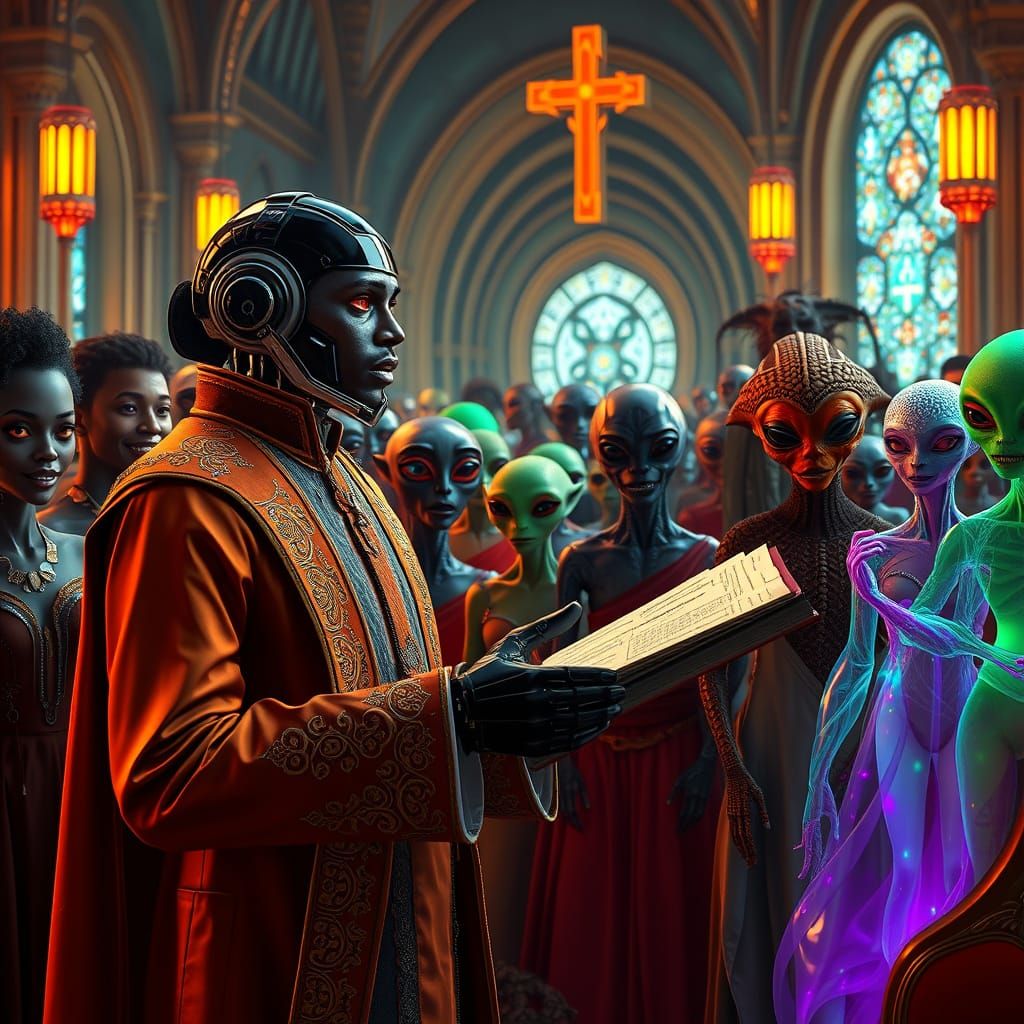 Cyborg Pastor Preaching to Alien Congregation