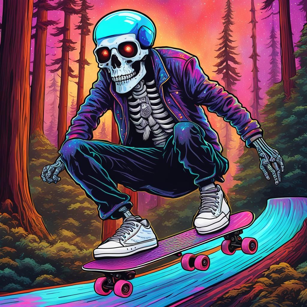 Punk Rock Skeleton Skateboarding in Redwoods