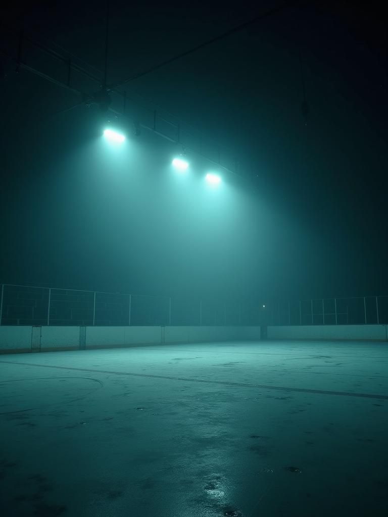 a dark and foreboding empty hockey rink, creepy, haunted  and sinister, low angle perspective, Cinematic film still, sho...