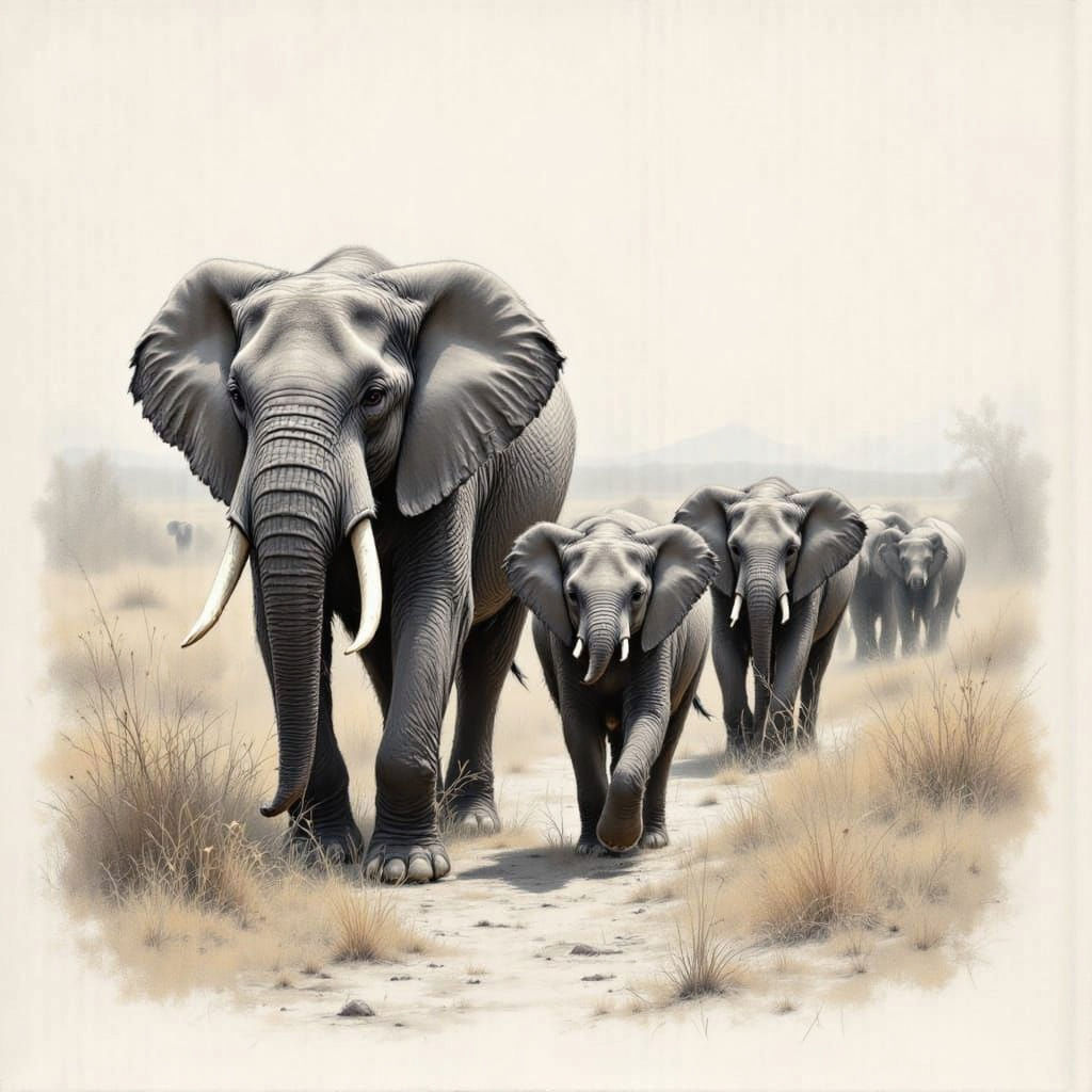 Elephants March on the African Plains in a Charcoal Sketch