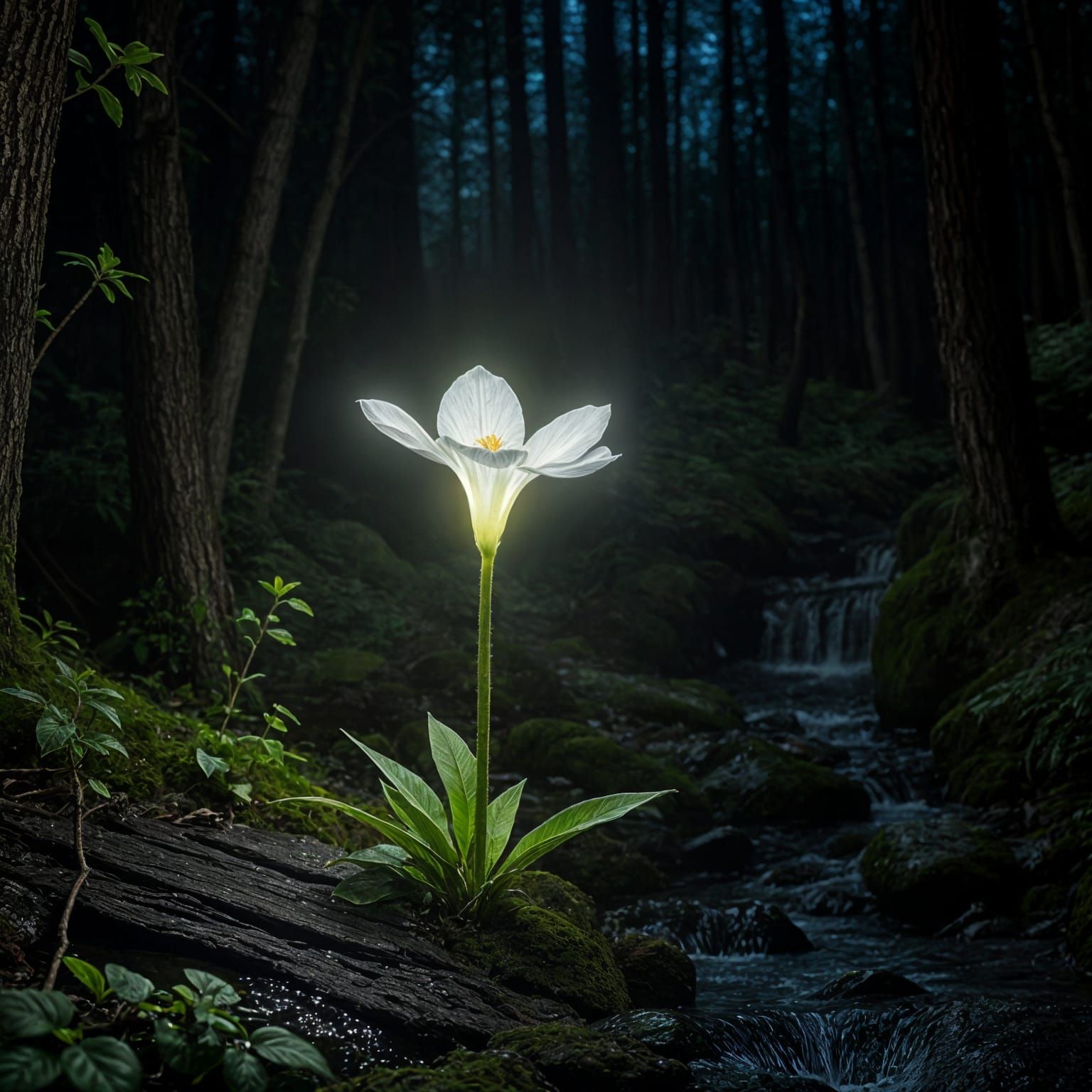 Luminous White Bloom in Dark Forest