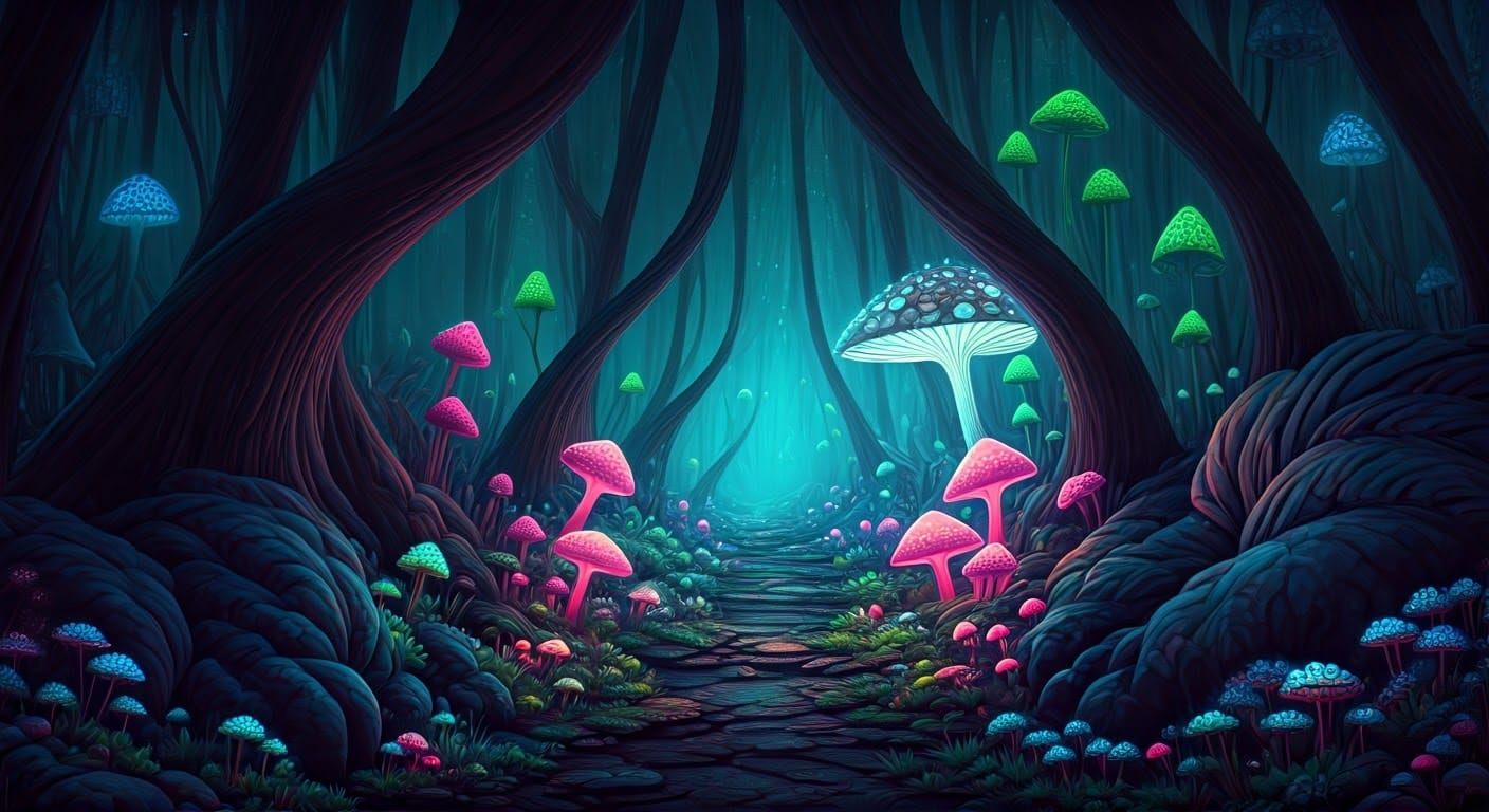 Glowing Mystical Realm of Fluorescent Flora and Fauna